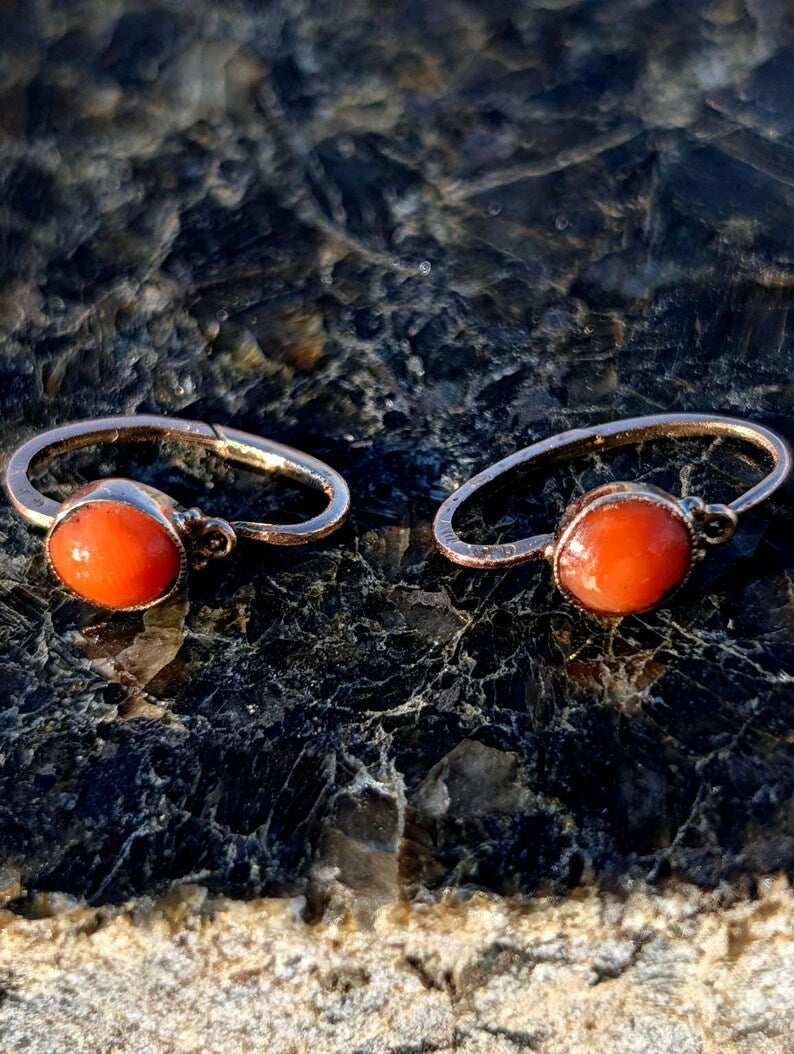 Circa 1900 Late Victorian 14k Yellow Champagne Rose Gold Mediterranean Coral Sleeper Hoop Earrings US Duty-Free HTS 9706 — photo 5