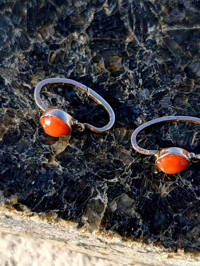 Circa 1900 Late Victorian 14k Yellow Champagne Rose Gold Mediterranean Coral Sleeper Hoop Earrings US Duty-Free HTS 9706 — photo 6