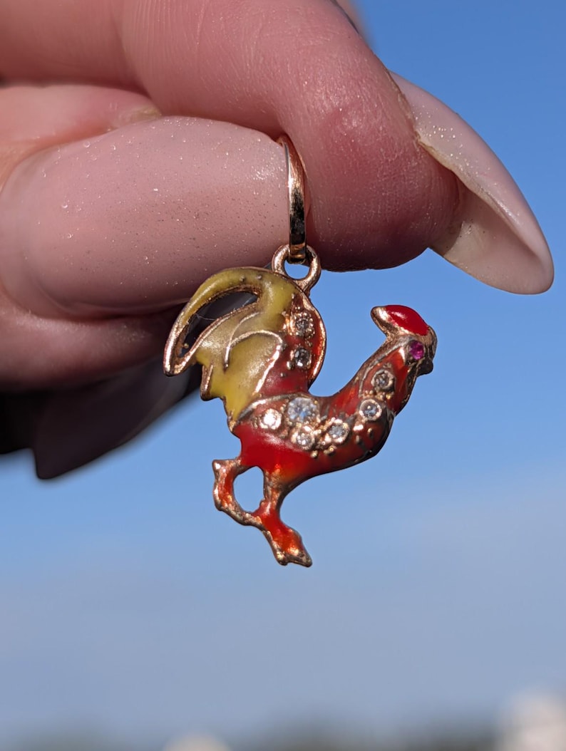 1920s Hungarian 14k Solid Gold Rooster Pendant Fire Enamel Ruby Single Cut Diamonds Good Luck Charm US Duty Free HTS 9706 — photo 1