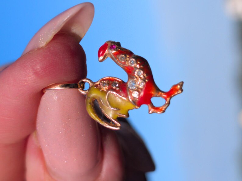 1920s Hungarian 14k Solid Gold Rooster Pendant Fire Enamel Ruby Single Cut Diamonds Good Luck Charm US Duty Free HTS 9706 — photo 3