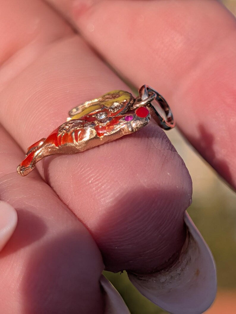 1920s Hungarian 14k Solid Gold Rooster Pendant Fire Enamel Ruby Single Cut Diamonds Good Luck Charm US Duty Free HTS 9706 — photo 5