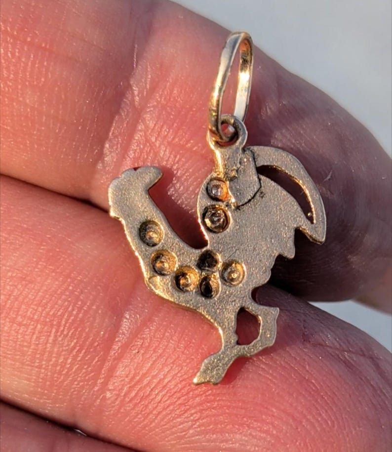1920s Hungarian 14k Solid Gold Rooster Pendant Fire Enamel Ruby Single Cut Diamonds Good Luck Charm US Duty Free HTS 9706 — photo 8