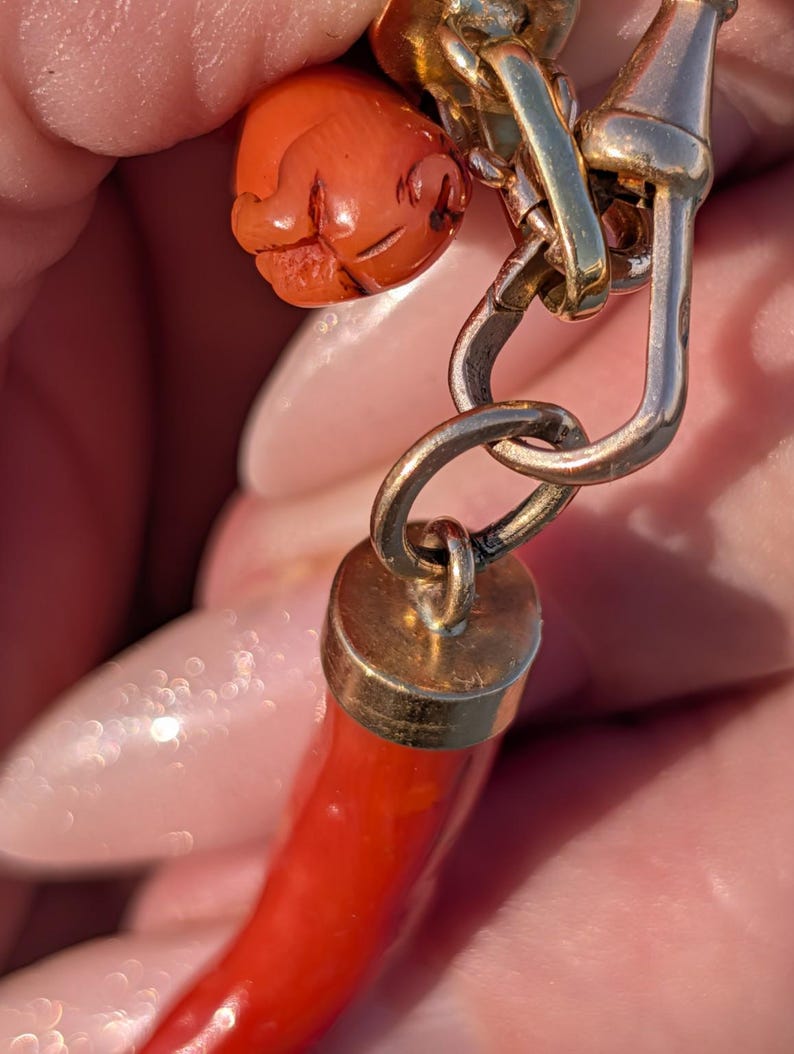Mid Century Natural Untreated Mediterranean Coral Horn Pendant 18k Solid Yellow Gold Cap Hungarian Import Hallmark 47mm Good Luck Charm — photo 13