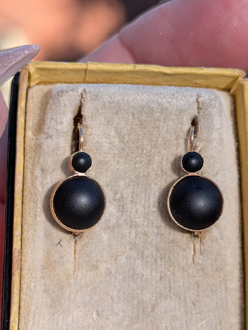 1890s Late Victorian Black Paste Sleeper Leverback Earrings 14k Solid Yellow Gold Austro Hungarian Hallmarks US Duty Free HTS 9706 — photo 1
