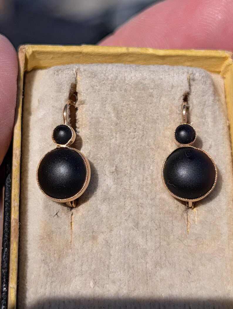 1890s Late Victorian Black Paste Sleeper Leverback Earrings 14k Solid Yellow Gold Austro Hungarian Hallmarks US Duty Free HTS 9706 — photo 3