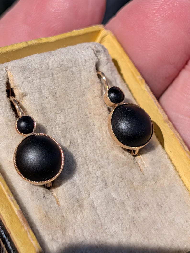 1890s Late Victorian Black Paste Sleeper Leverback Earrings 14k Solid Yellow Gold Austro Hungarian Hallmarks US Duty Free HTS 9706 — photo 4