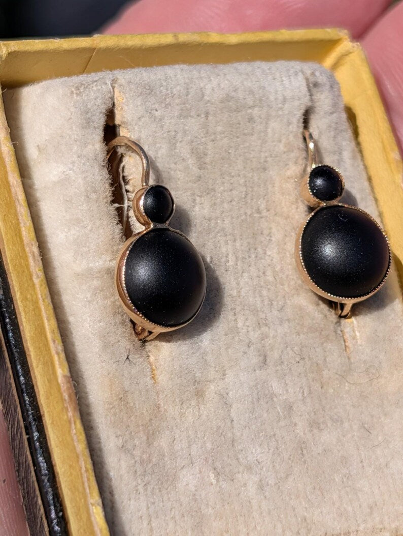 1890s Late Victorian Black Paste Sleeper Leverback Earrings 14k Solid Yellow Gold Austro Hungarian Hallmarks US Duty Free HTS 9706 — photo 6
