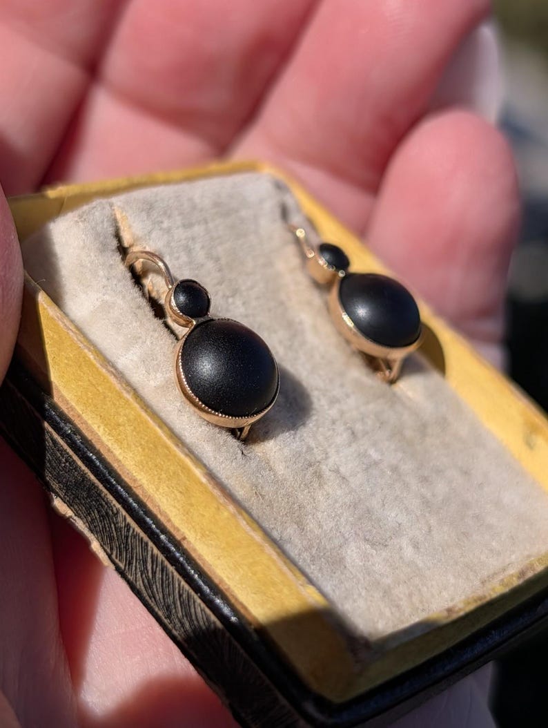 1890s Late Victorian Black Paste Sleeper Leverback Earrings 14k Solid Yellow Gold Austro Hungarian Hallmarks US Duty Free HTS 9706 — photo 10