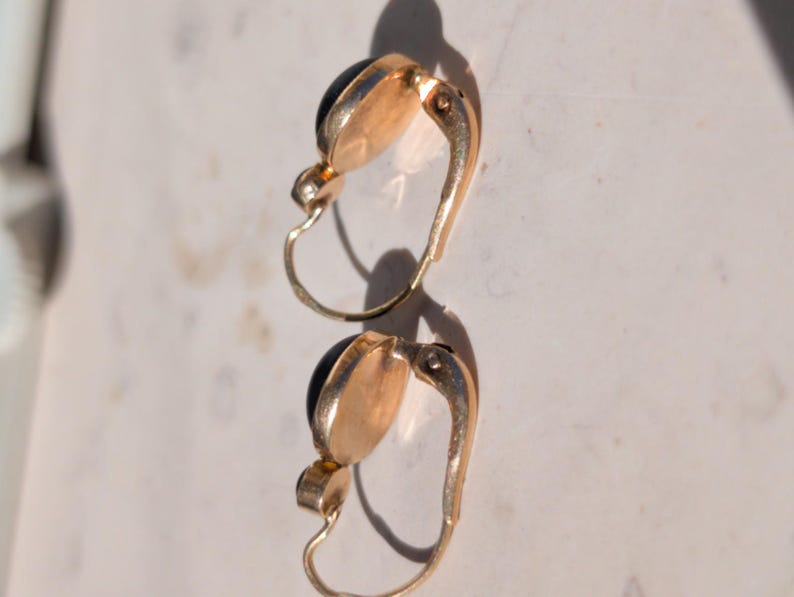1890s Late Victorian Black Paste Sleeper Leverback Earrings 14k Solid Yellow Gold Austro Hungarian Hallmarks US Duty Free HTS 9706 — photo 11