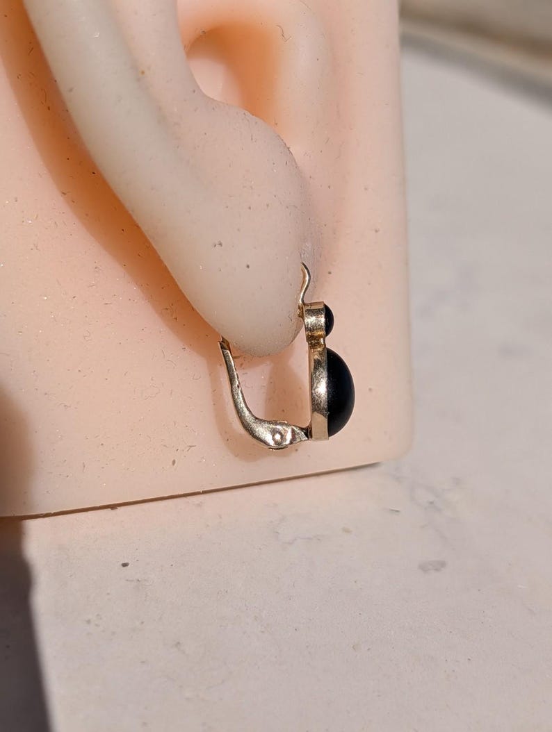 1890s Late Victorian Black Paste Sleeper Leverback Earrings 14k Solid Yellow Gold Austro Hungarian Hallmarks US Duty Free HTS 9706 — photo 12