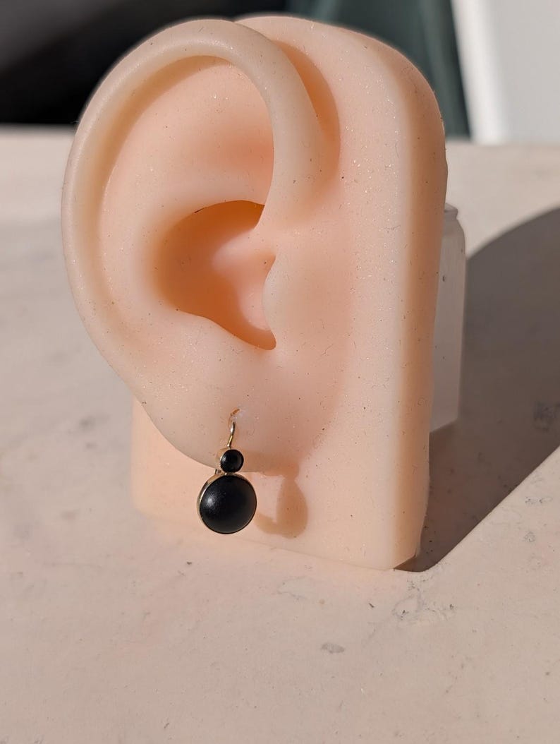 1890s Late Victorian Black Paste Sleeper Leverback Earrings 14k Solid Yellow Gold Austro Hungarian Hallmarks US Duty Free HTS 9706 — photo 13