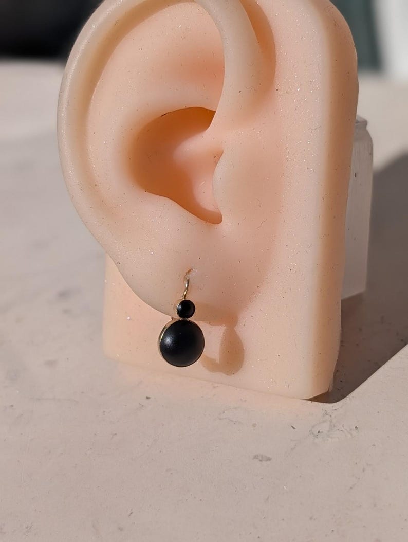 1890s Late Victorian Black Paste Sleeper Leverback Earrings 14k Solid Yellow Gold Austro Hungarian Hallmarks US Duty Free HTS 9706 — photo 14