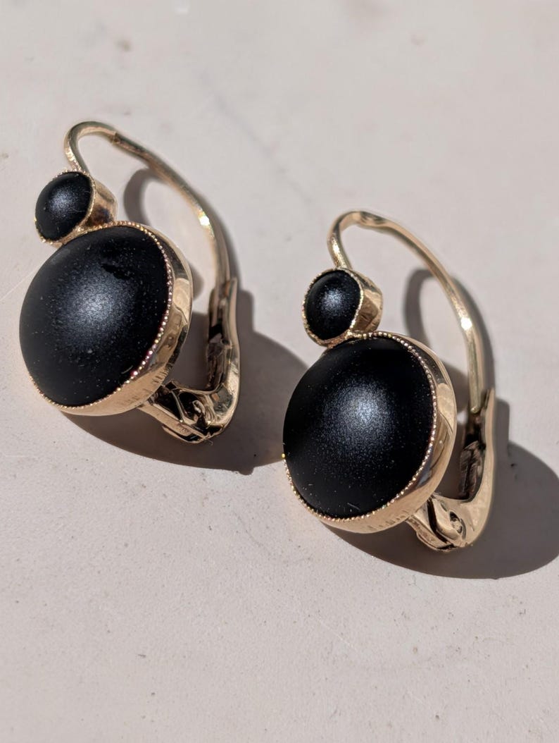 1890s Late Victorian Black Paste Sleeper Leverback Earrings 14k Solid Yellow Gold Austro Hungarian Hallmarks US Duty Free HTS 9706 — photo 15
