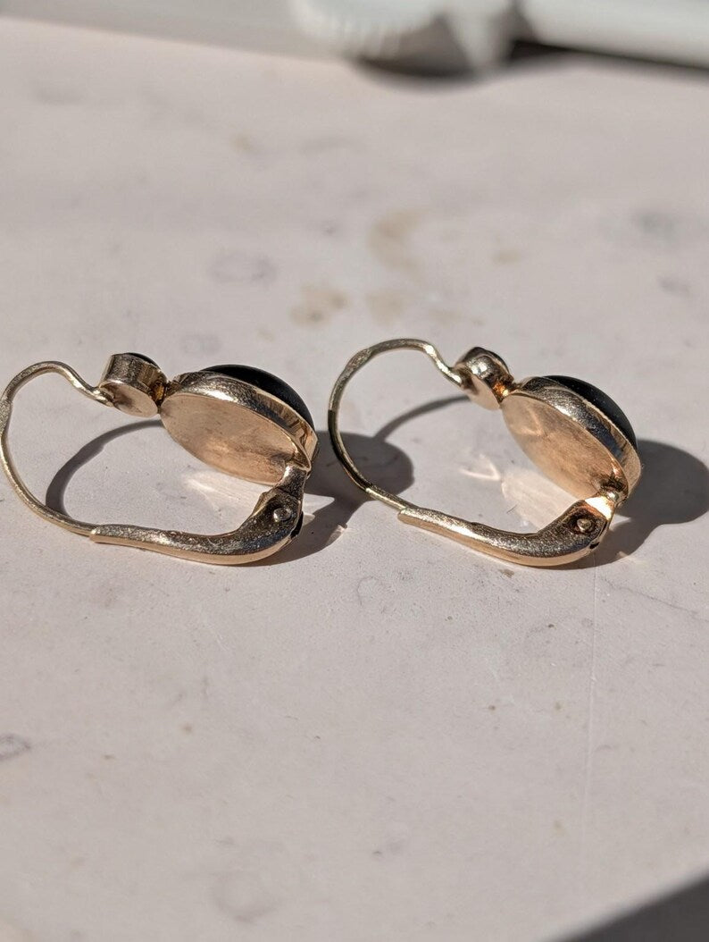 1890s Late Victorian Black Paste Sleeper Leverback Earrings 14k Solid Yellow Gold Austro Hungarian Hallmarks US Duty Free HTS 9706 — photo 16
