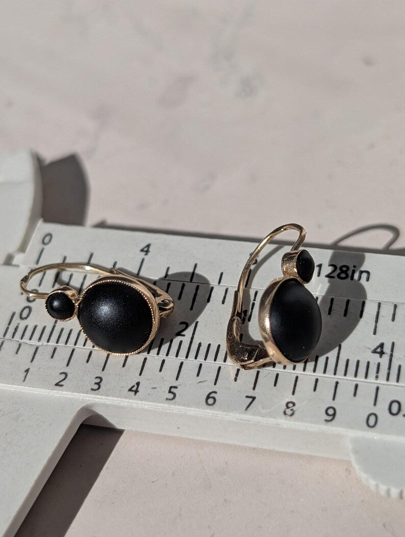 1890s Late Victorian Black Paste Sleeper Leverback Earrings 14k Solid Yellow Gold Austro Hungarian Hallmarks US Duty Free HTS 9706 — photo 17
