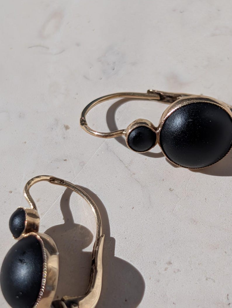 1890s Late Victorian Black Paste Sleeper Leverback Earrings 14k Solid Yellow Gold Austro Hungarian Hallmarks US Duty Free HTS 9706 — photo 18