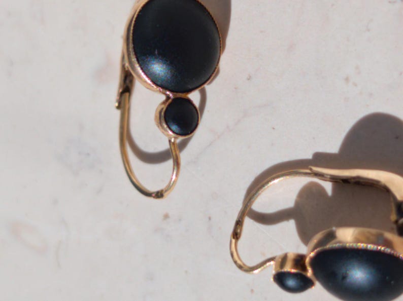 1890s Late Victorian Black Paste Sleeper Leverback Earrings 14k Solid Yellow Gold Austro Hungarian Hallmarks US Duty Free HTS 9706 — photo 19
