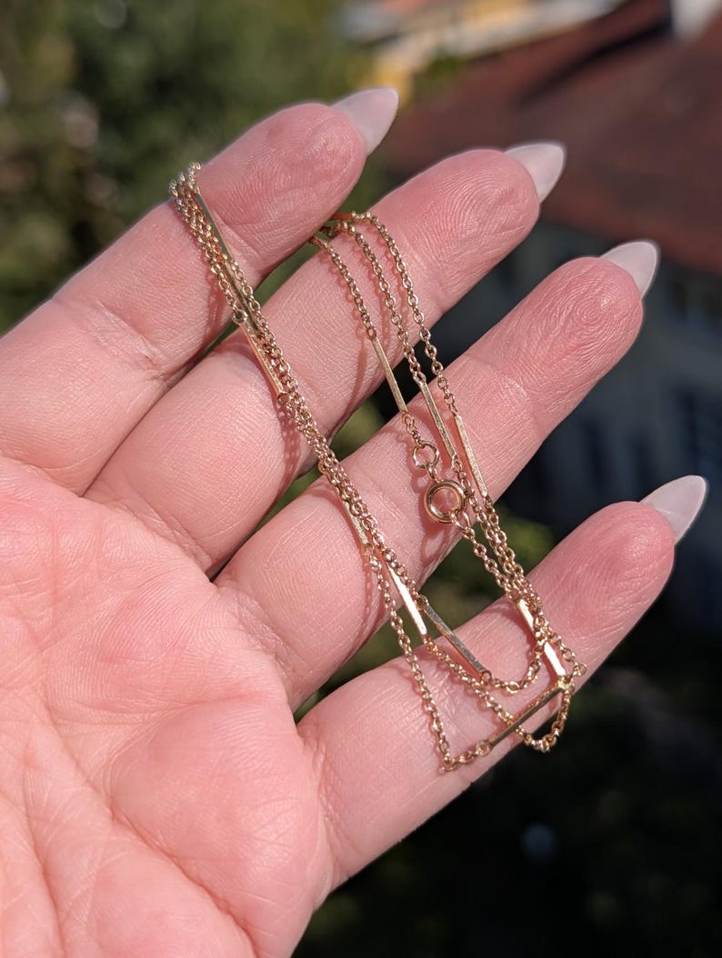 Antique 1900s Handmade 14K Solid Yellow Gold Bar and Link Chain 62 cm Austro Hungarian US Duty-Free HTS 9706 — photo 3