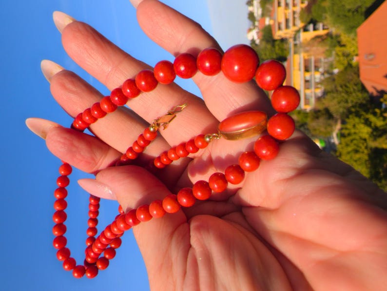 Antique 1920s Natural Untreated Mediterranean Red Coral Bead Necklace 18k Solid Yellow Gold Hidden Clasp 53cm US Duty Free HTS 9706 — photo 7
