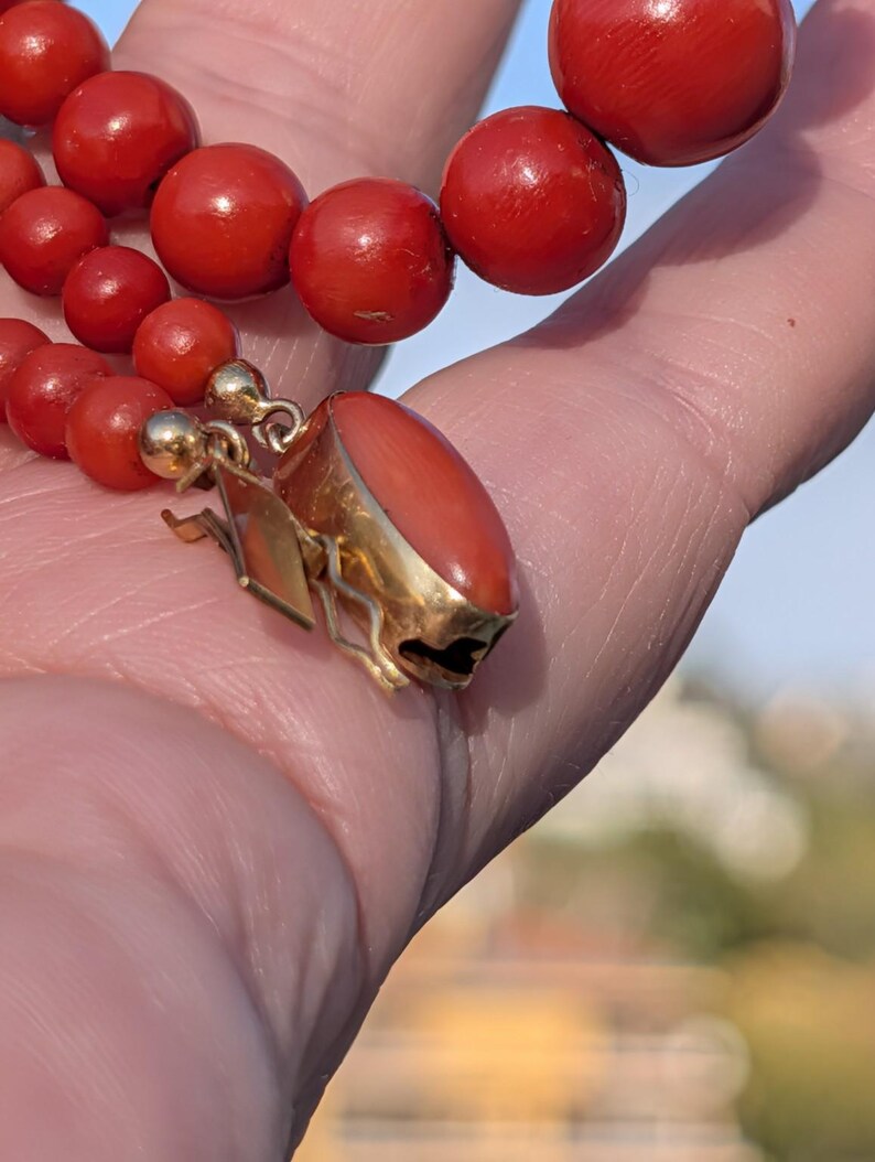 Antique 1920s Natural Untreated Mediterranean Red Coral Bead Necklace 18k Solid Yellow Gold Hidden Clasp 53cm US Duty Free HTS 9706 — photo 8