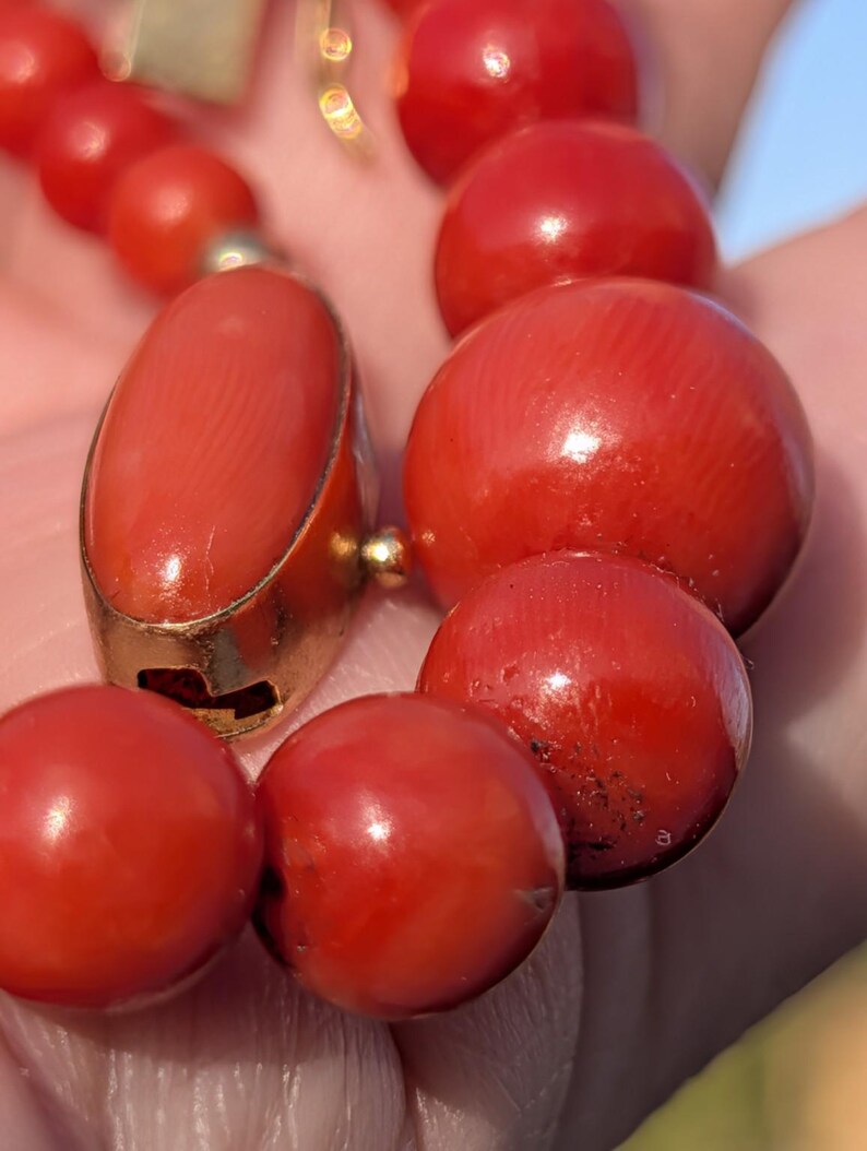 Antique 1920s Natural Untreated Mediterranean Red Coral Bead Necklace 18k Solid Yellow Gold Hidden Clasp 53cm US Duty Free HTS 9706 — photo 14