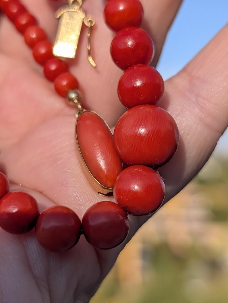 Antique 1920s Natural Untreated Mediterranean Red Coral Bead Necklace 18k Solid Yellow Gold Hidden Clasp 53cm US Duty Free HTS 9706 — photo 15