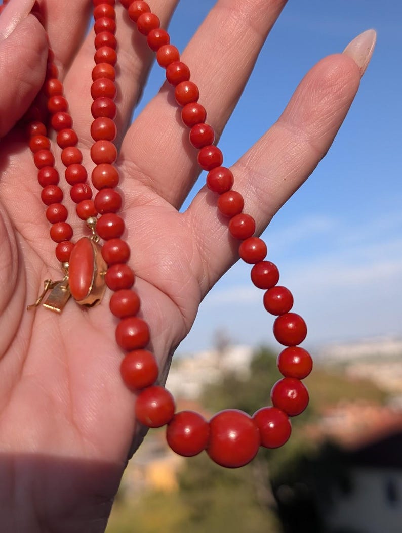 Antique 1920s Natural Untreated Mediterranean Red Coral Bead Necklace 18k Solid Yellow Gold Hidden Clasp 53cm US Duty Free HTS 9706 — photo 16