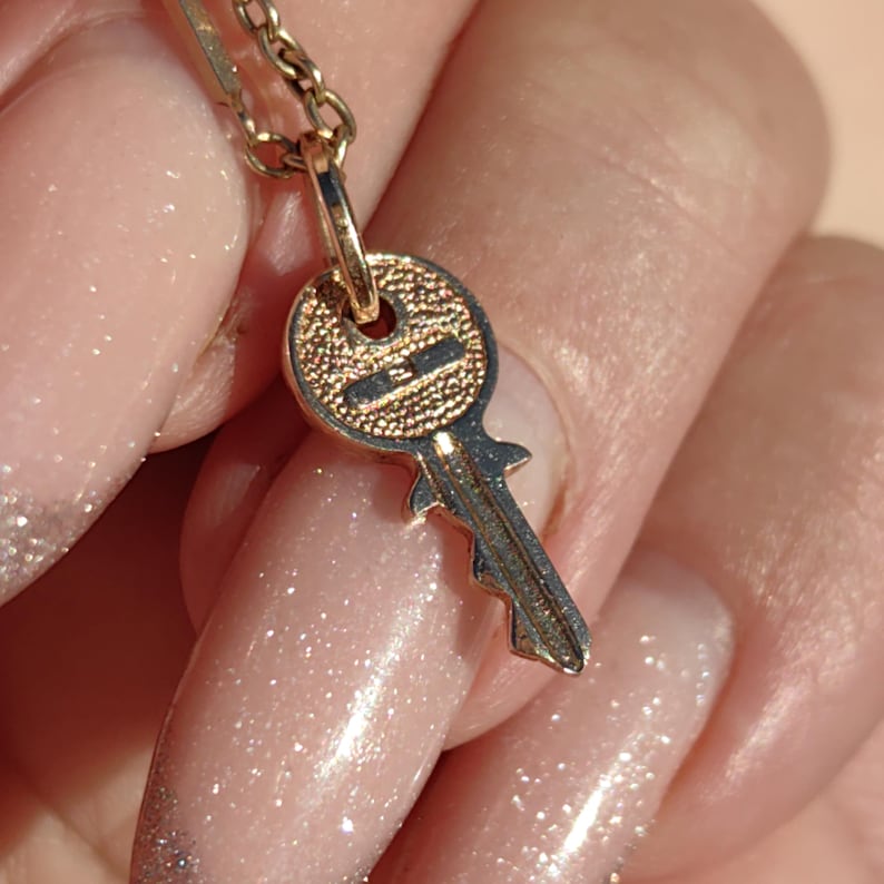 Antique Vintage Solid 14k Yellow Rose Champagne Gold Dainty Elegant Key Necklace Pendant Bracelet Charm  Gift for Her