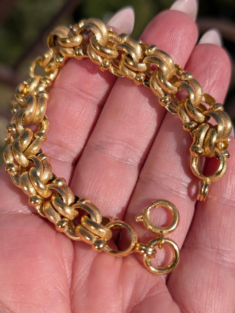 Antique Victorian Gold Plated Bracelet Chunky Fancy Chain Snake Skin Textured Twisted Links Handmade Unisex 20 cm 21 g US Duty-Free HTS 9706 image 2