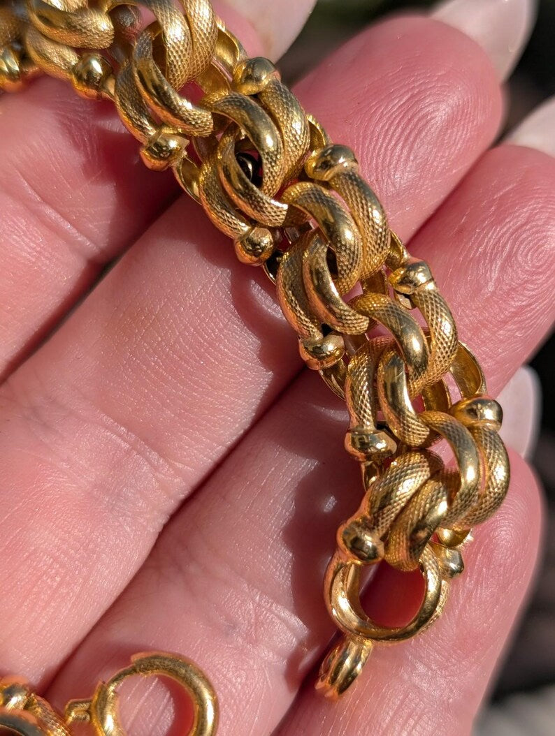 Antique Victorian Gold Plated Bracelet Chunky Fancy Chain Snake Skin Textured Twisted Links Handmade Unisex 20 cm 21 g US Duty-Free HTS 9706 image 8