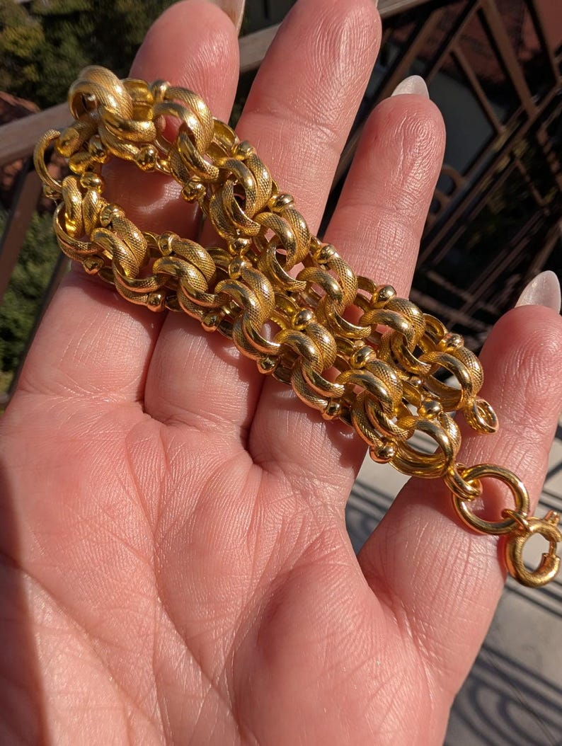 Antique Victorian Gold Plated Bracelet Chunky Fancy Chain Snake Skin Textured Twisted Links Handmade Unisex 20 cm 21 g US Duty-Free HTS 9706 image 10