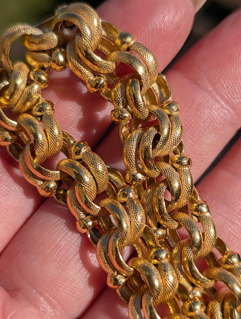 Antique Victorian Gold Plated Bracelet Chunky Fancy Chain Snake Skin Textured Twisted Links Handmade Unisex 20 cm 21 g US Duty-Free HTS 9706 image 11