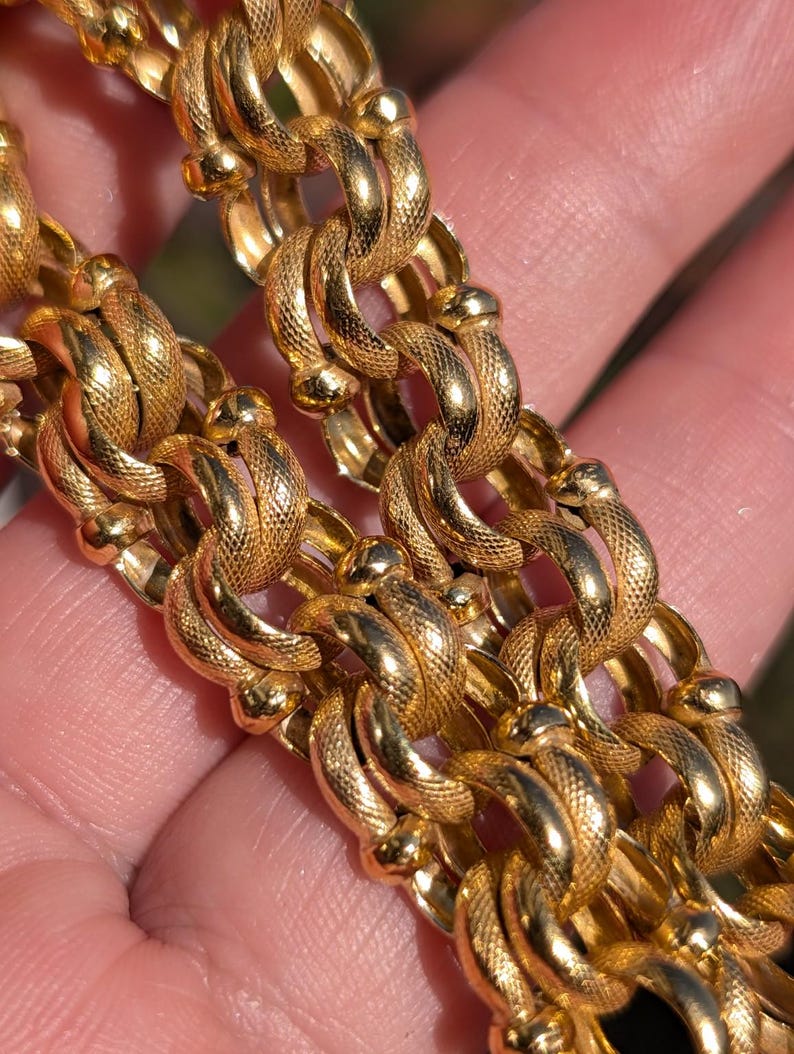 Antique Victorian Gold Plated Bracelet Chunky Fancy Chain Snake Skin Textured Twisted Links Handmade Unisex 20 cm 21 g US Duty-Free HTS 9706 image 12