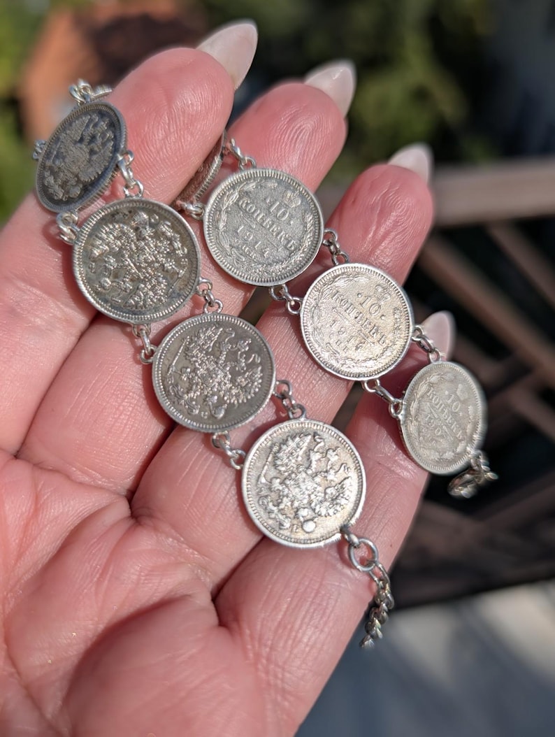 Antique 1910s Imperial Russian Tsarist .500 Silver Coin Bracelet 10 Kopeks 835 Silver Links Clasp Old Hungarian Import Hallmark US Duty Free image 1