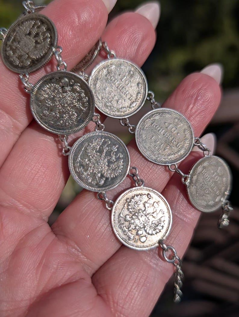 Antique 1910s Imperial Russian Tsarist .500 Silver Coin Bracelet 10 Kopeks 835 Silver Links Clasp Old Hungarian Import Hallmark US Duty Free image 2