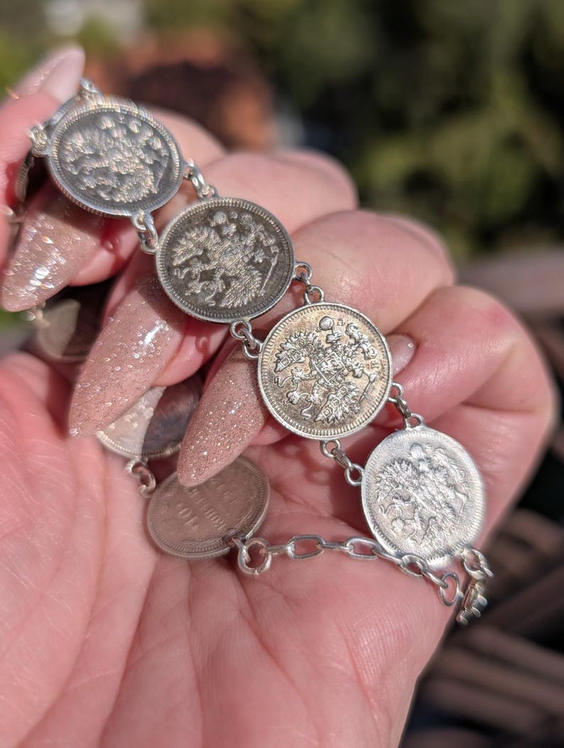 Antique 1910s Imperial Russian Tsarist .500 Silver Coin Bracelet 10 Kopeks 835 Silver Links Clasp Old Hungarian Import Hallmark US Duty Free image 3
