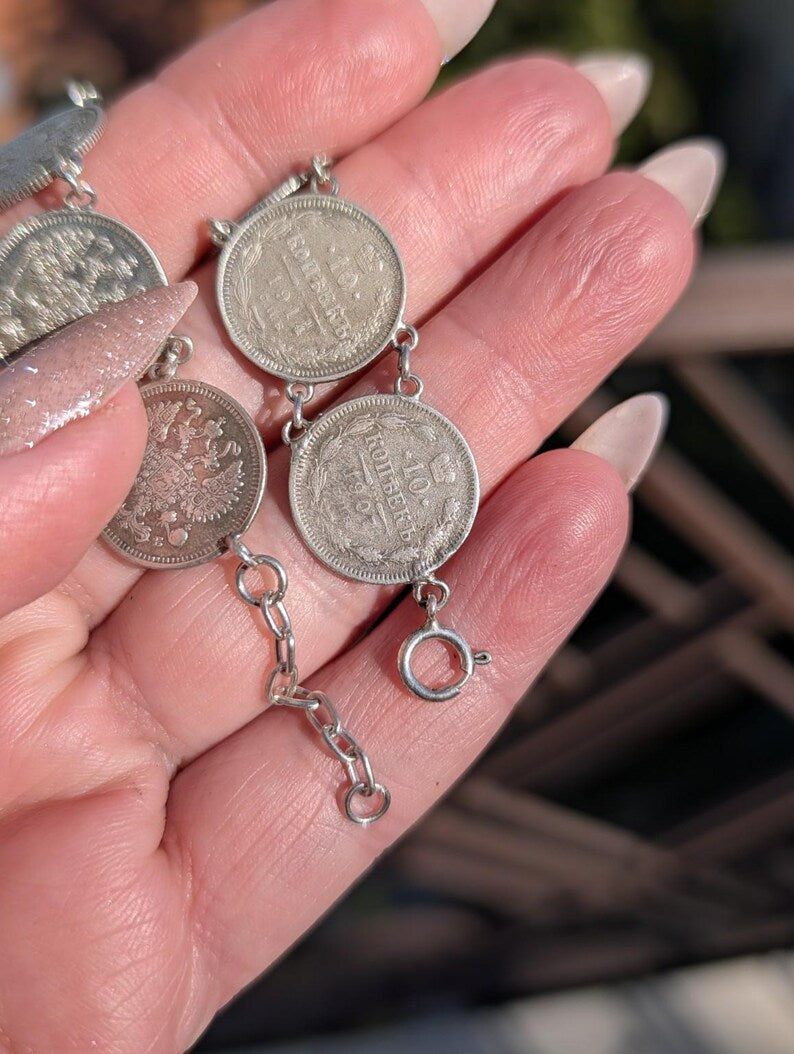 Antique 1910s Imperial Russian Tsarist .500 Silver Coin Bracelet 10 Kopeks 835 Silver Links Clasp Old Hungarian Import Hallmark US Duty Free image 4