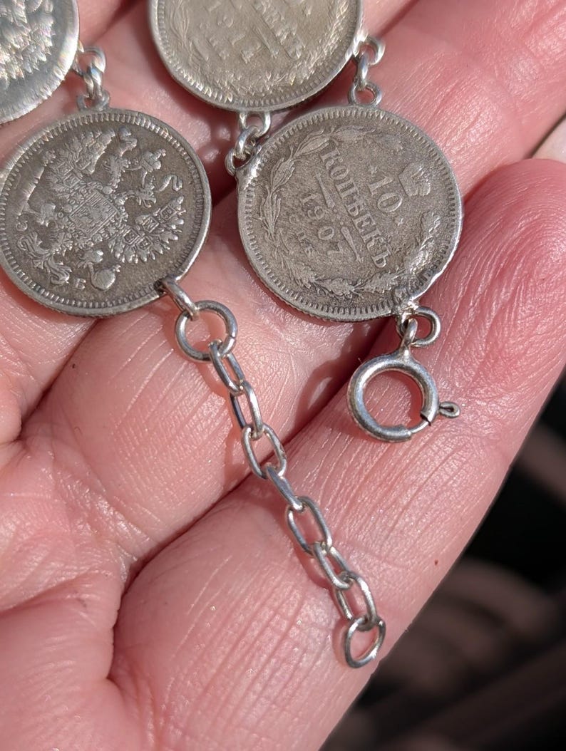 Antique 1910s Imperial Russian Tsarist .500 Silver Coin Bracelet 10 Kopeks 835 Silver Links Clasp Old Hungarian Import Hallmark US Duty Free image 5
