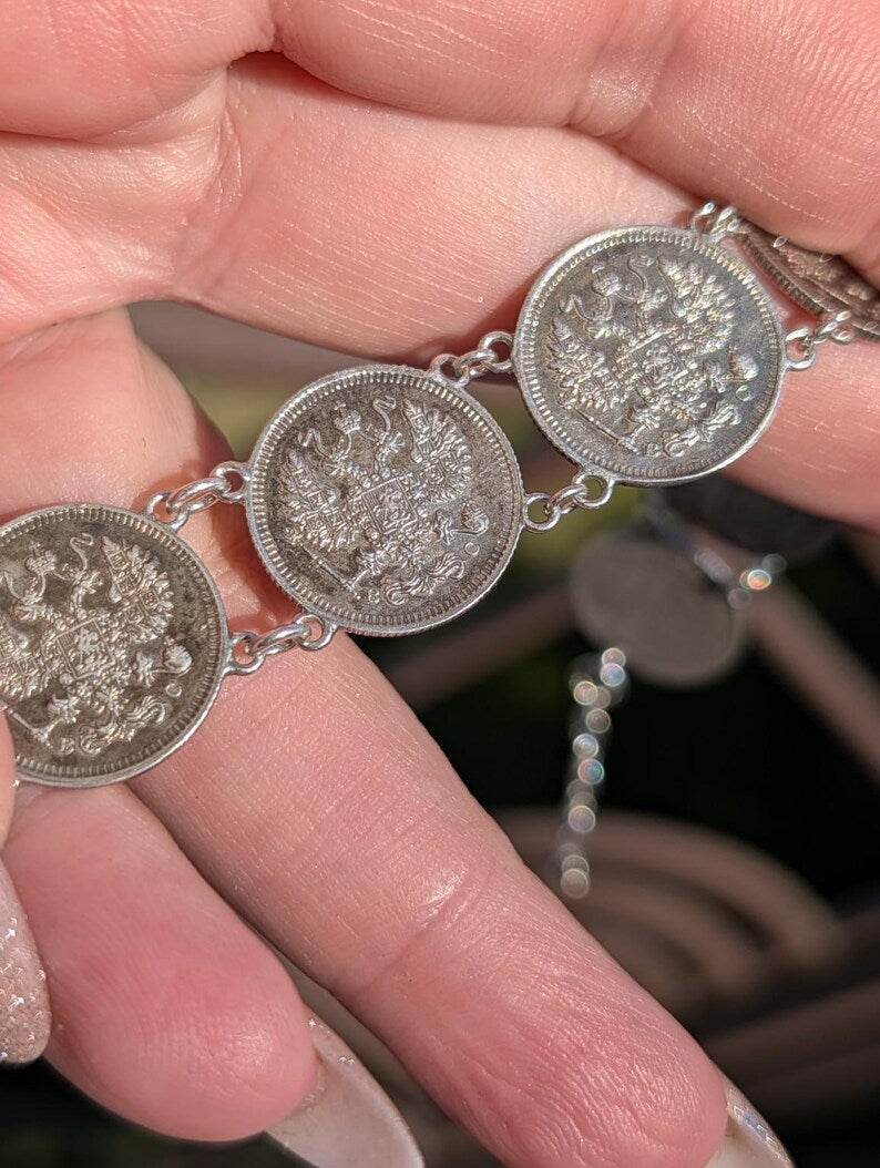 Antique 1910s Imperial Russian Tsarist .500 Silver Coin Bracelet 10 Kopeks 835 Silver Links Clasp Old Hungarian Import Hallmark US Duty Free image 6
