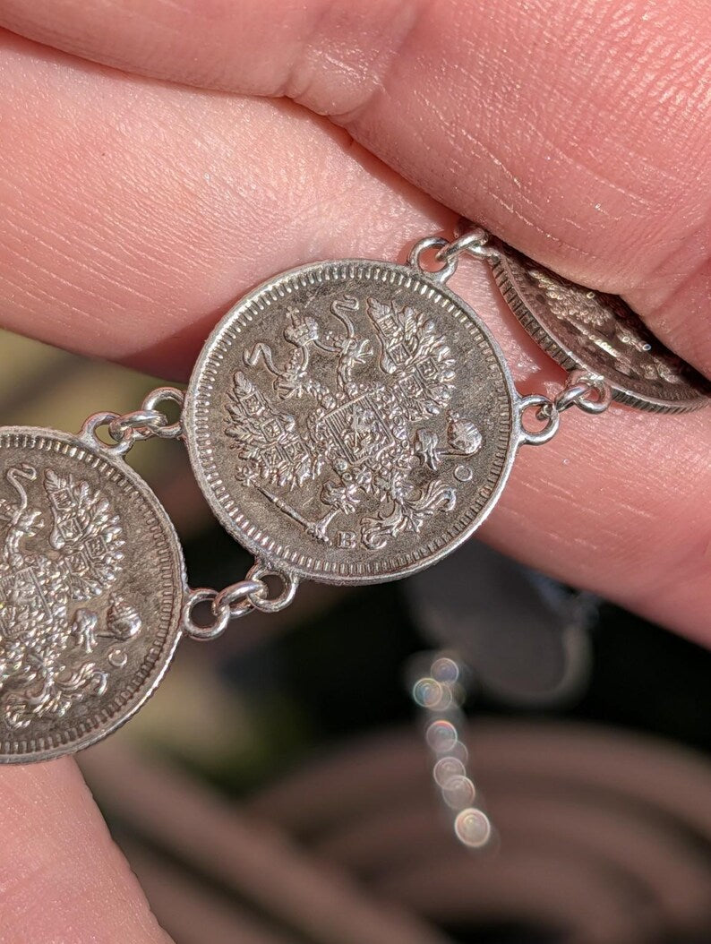 Antique 1910s Imperial Russian Tsarist .500 Silver Coin Bracelet 10 Kopeks 835 Silver Links Clasp Old Hungarian Import Hallmark US Duty Free image 7