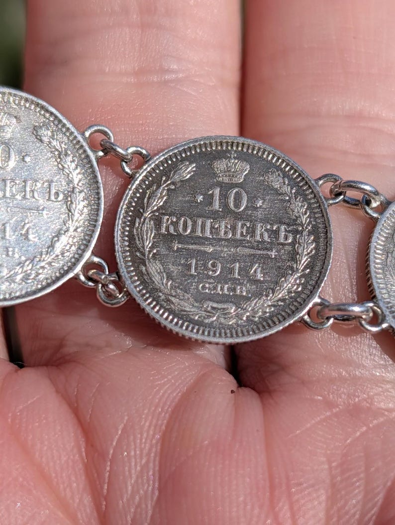 Antique 1910s Imperial Russian Tsarist .500 Silver Coin Bracelet 10 Kopeks 835 Silver Links Clasp Old Hungarian Import Hallmark US Duty Free image 8