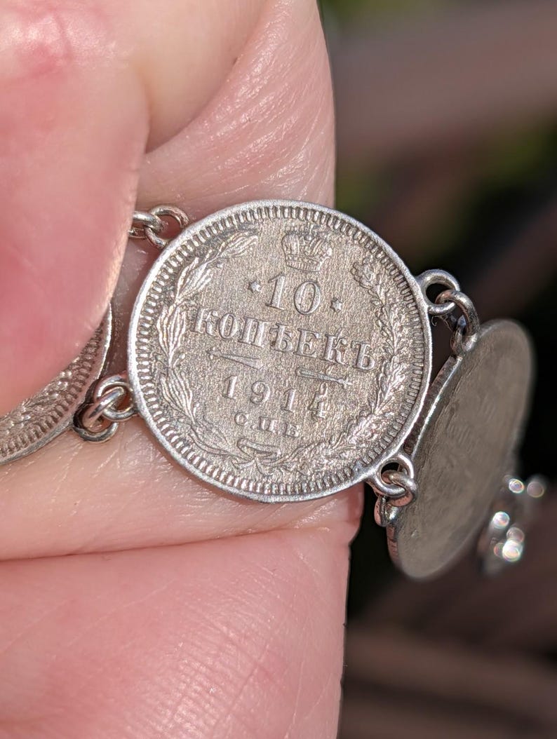 Antique 1910s Imperial Russian Tsarist .500 Silver Coin Bracelet 10 Kopeks 835 Silver Links Clasp Old Hungarian Import Hallmark US Duty Free image 9