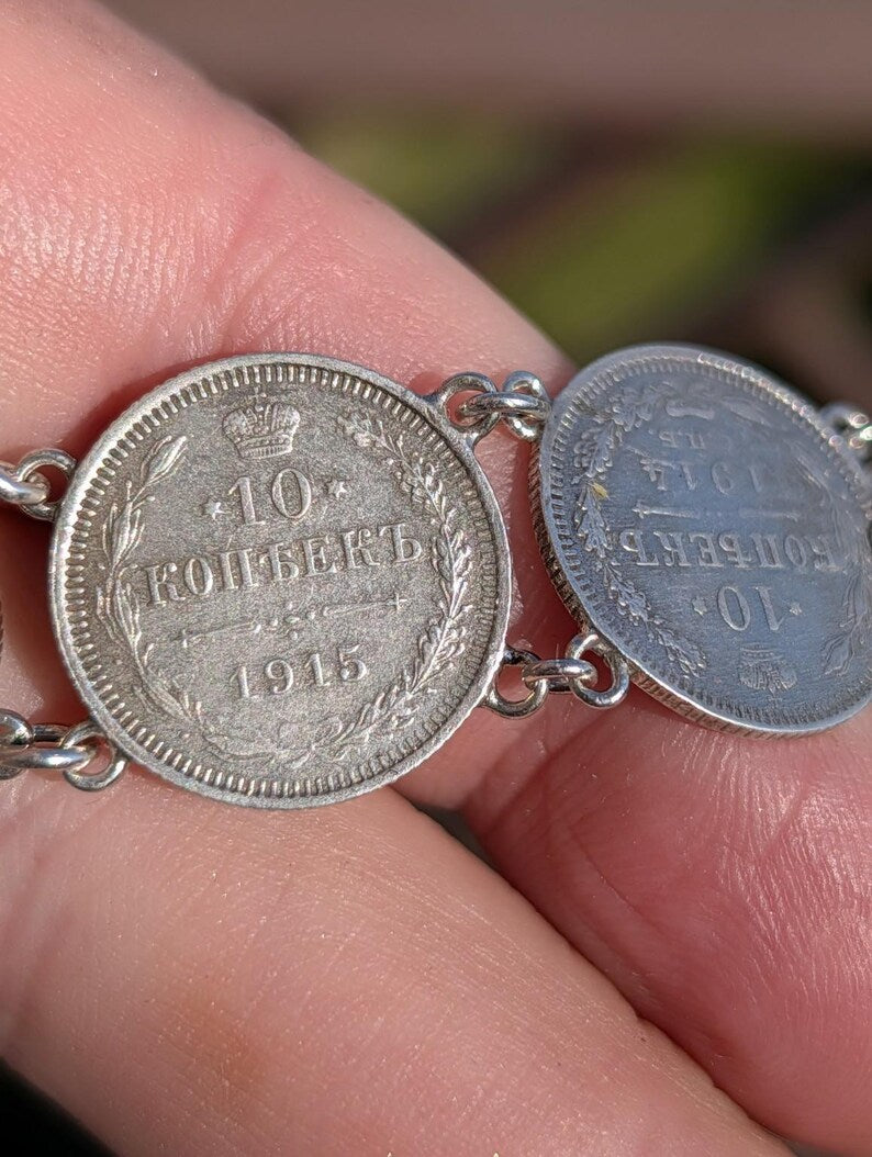 Antique 1910s Imperial Russian Tsarist .500 Silver Coin Bracelet 10 Kopeks 835 Silver Links Clasp Old Hungarian Import Hallmark US Duty Free image 10