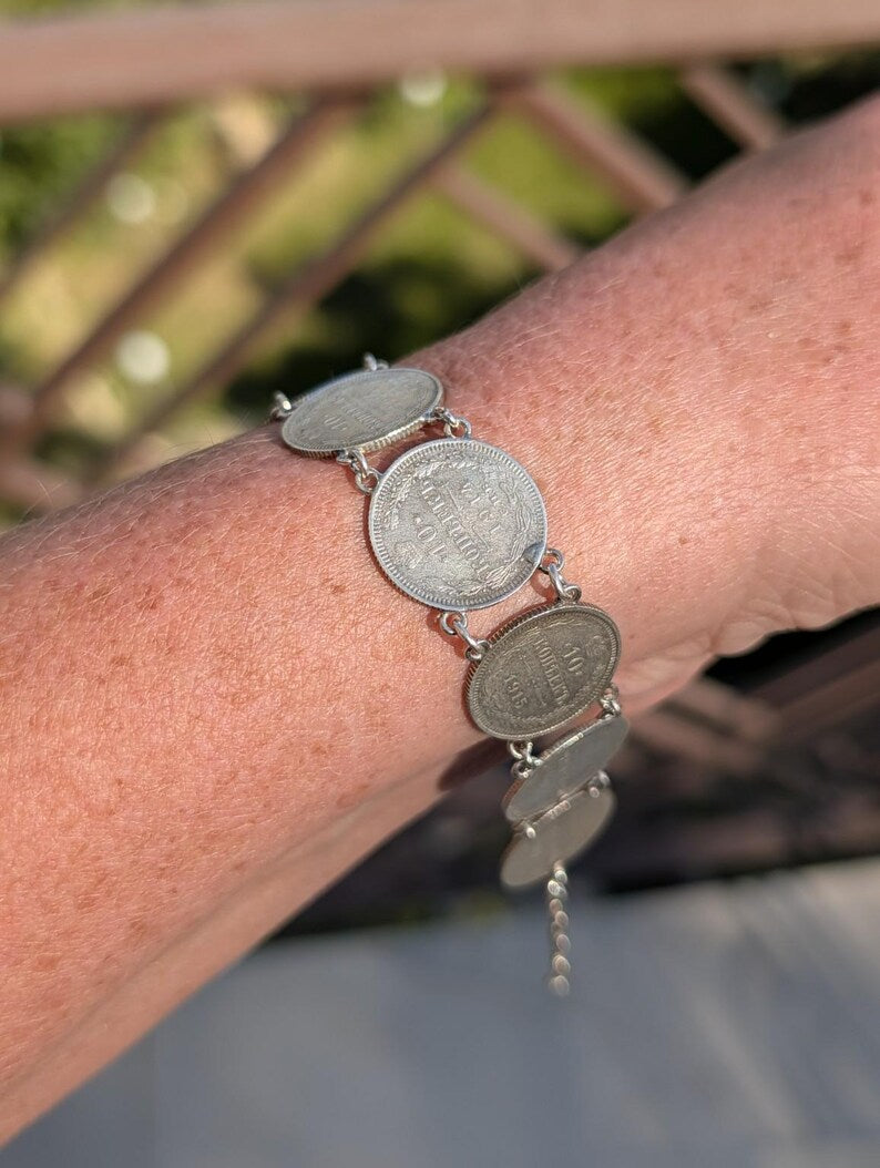 Antique 1910s Imperial Russian Tsarist .500 Silver Coin Bracelet 10 Kopeks 835 Silver Links Clasp Old Hungarian Import Hallmark US Duty Free image 12