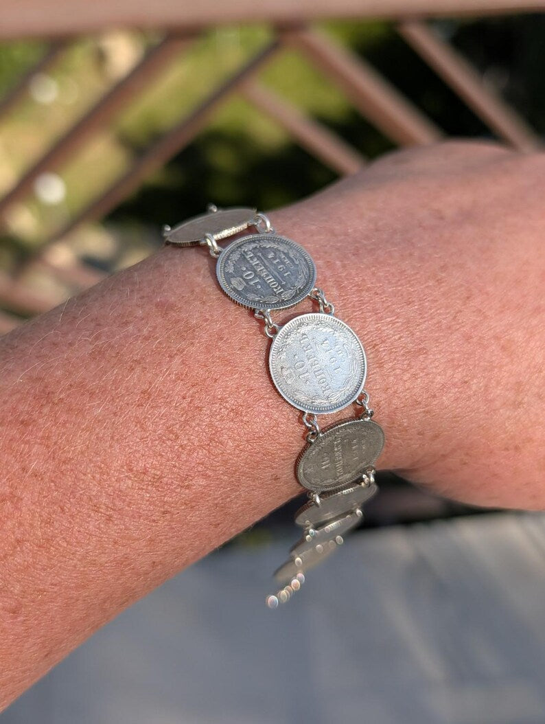 Antique 1910s Imperial Russian Tsarist .500 Silver Coin Bracelet 10 Kopeks 835 Silver Links Clasp Old Hungarian Import Hallmark US Duty Free image 13