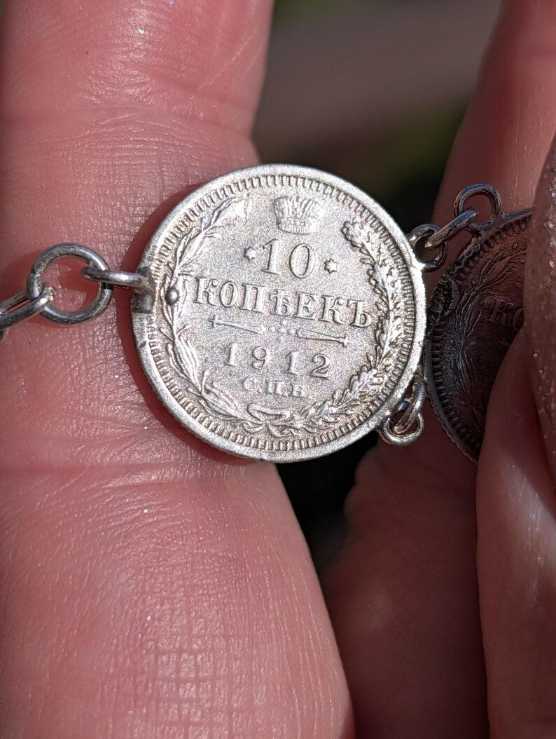 Antique 1910s Imperial Russian Tsarist .500 Silver Coin Bracelet 10 Kopeks 835 Silver Links Clasp Old Hungarian Import Hallmark US Duty Free image 14