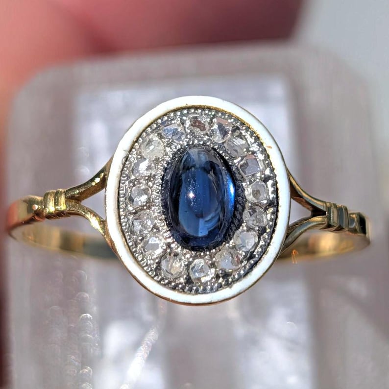Antique 1900s Oval Sapphire Cabochon Rose Cut Diamond Ring White Fire Enamel 18K Yellow White Gold Hungarian Hallmark US Duty Free HTS 9706 image 1