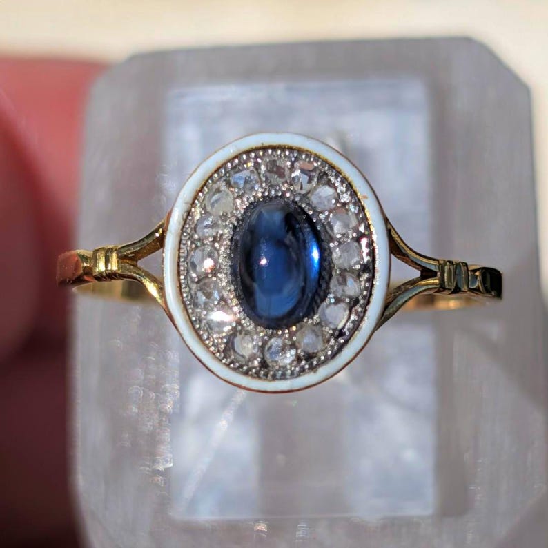 Antique 1900s Oval Sapphire Cabochon Rose Cut Diamond Ring White Fire Enamel 18K Yellow White Gold Hungarian Hallmark US Duty Free HTS 9706 image 2