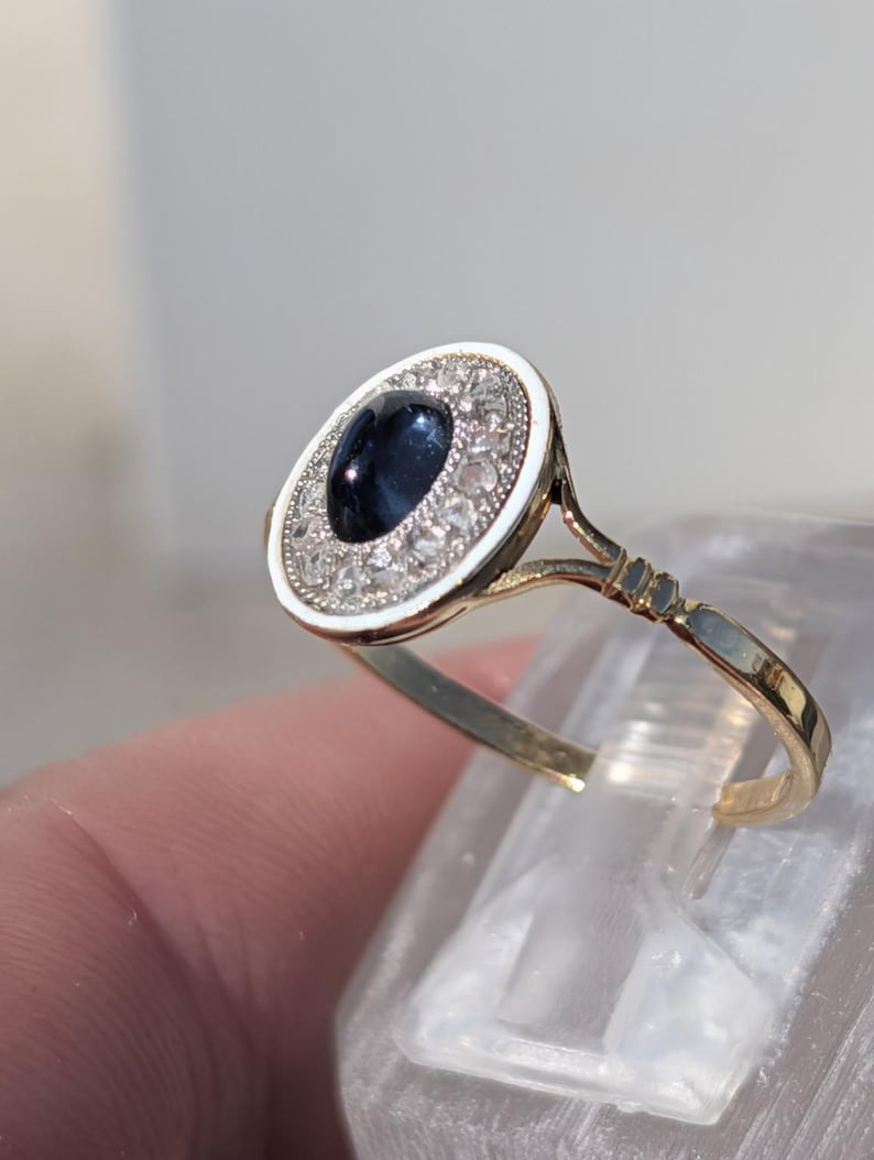 Antique 1900s Oval Sapphire Cabochon Rose Cut Diamond Ring White Fire Enamel 18K Yellow White Gold Hungarian Hallmark US Duty Free HTS 9706 image 3