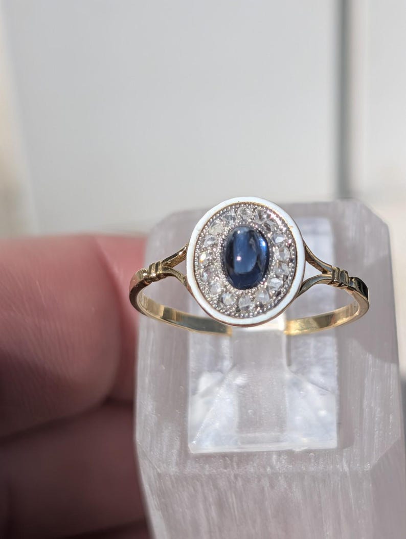 Antique 1900s Oval Sapphire Cabochon Rose Cut Diamond Ring White Fire Enamel 18K Yellow White Gold Hungarian Hallmark US Duty Free HTS 9706 image 4
